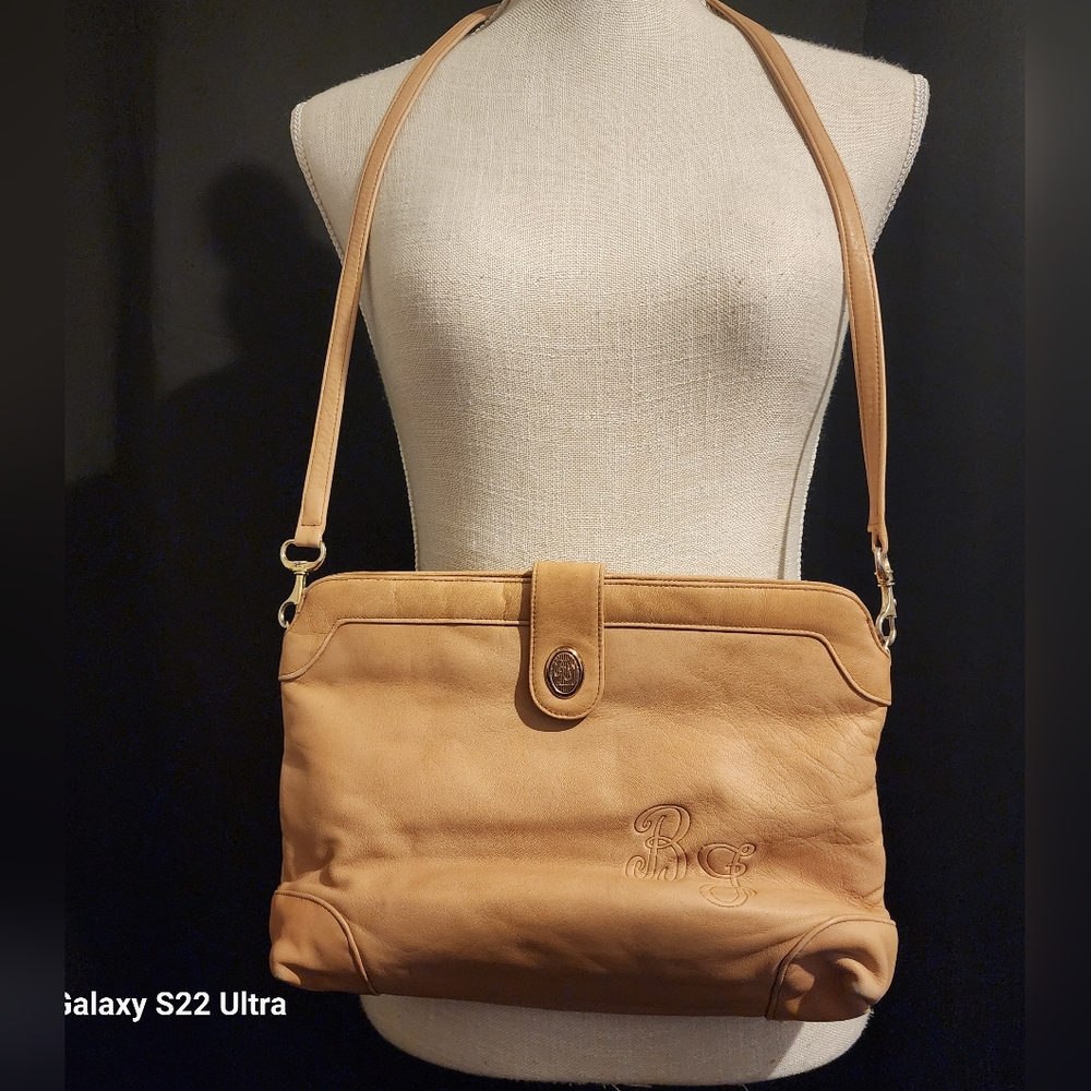 Vintage FS Originals Genuine Leather Beige Shoulder Bag Monogramed BG